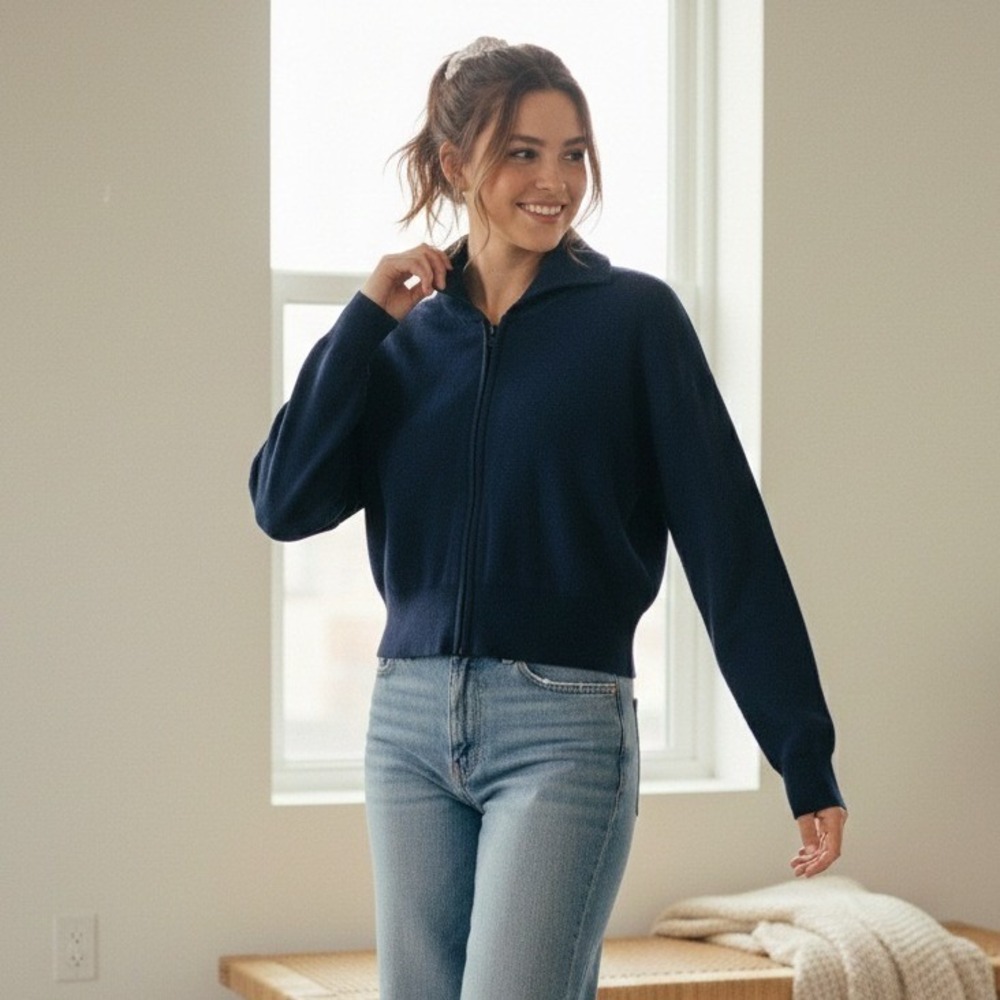 PDS Far East Navy Blue Full-Zip Ribbed‎ Knit Cropped Cardigan Sweater